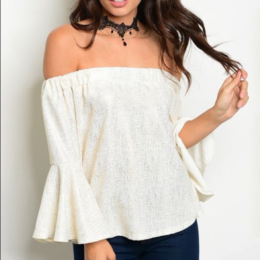White & Gold Metallic Bell-Sleeve Off-Shoulder Top Sizes S, M, L New